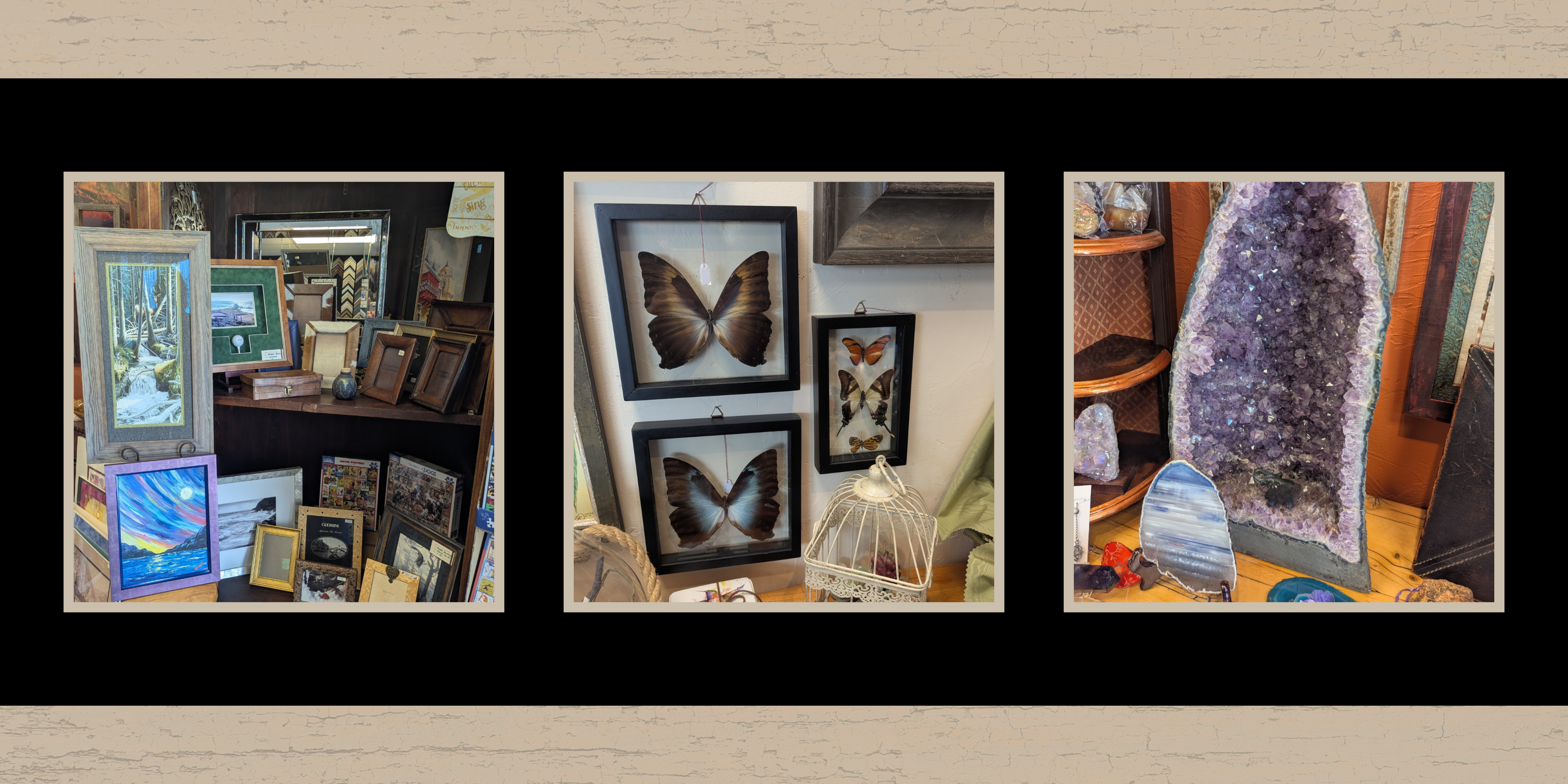 A collage of three images showcasing items you can buy at Aspen Park Art and Framing. It includes framed butterflies, pictures, and mirrors as well as a large amethyst.
