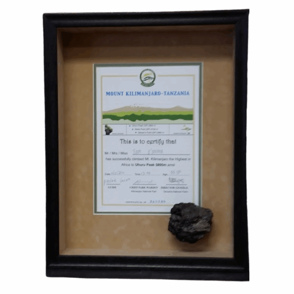 A framed certificate awarded for climbing Mount Kilimanjaro